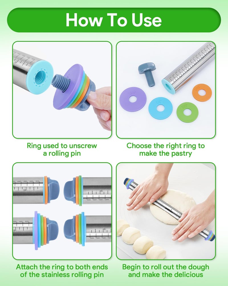 PROKITCHEN Adjustable Rolling Pin with Thickness Rings for Baking, Adjustable Stainless Steel Designs Dough Roller Pins for Cookie Decorating & Dough Pizza Pie Adjustable Long Rolling Pin 23.6 Inch - Image 5